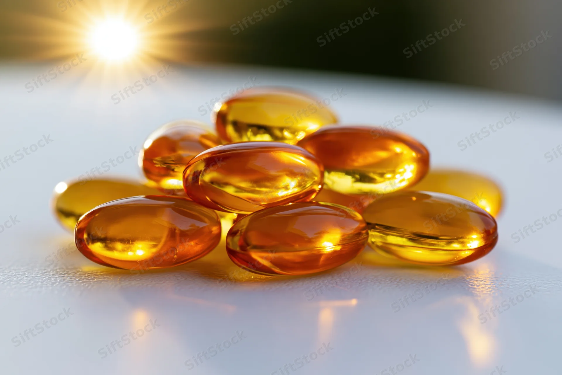 Amber translucent fish oil gel capsules piled on a white surface under bright light