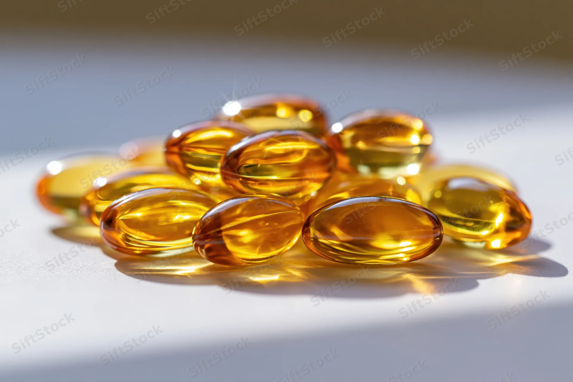 Amber translucent fish oil gel capsules piled on a white surface