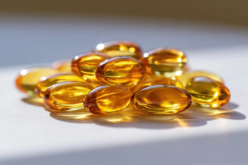 Amber translucent fish oil gel capsules piled on a white surface