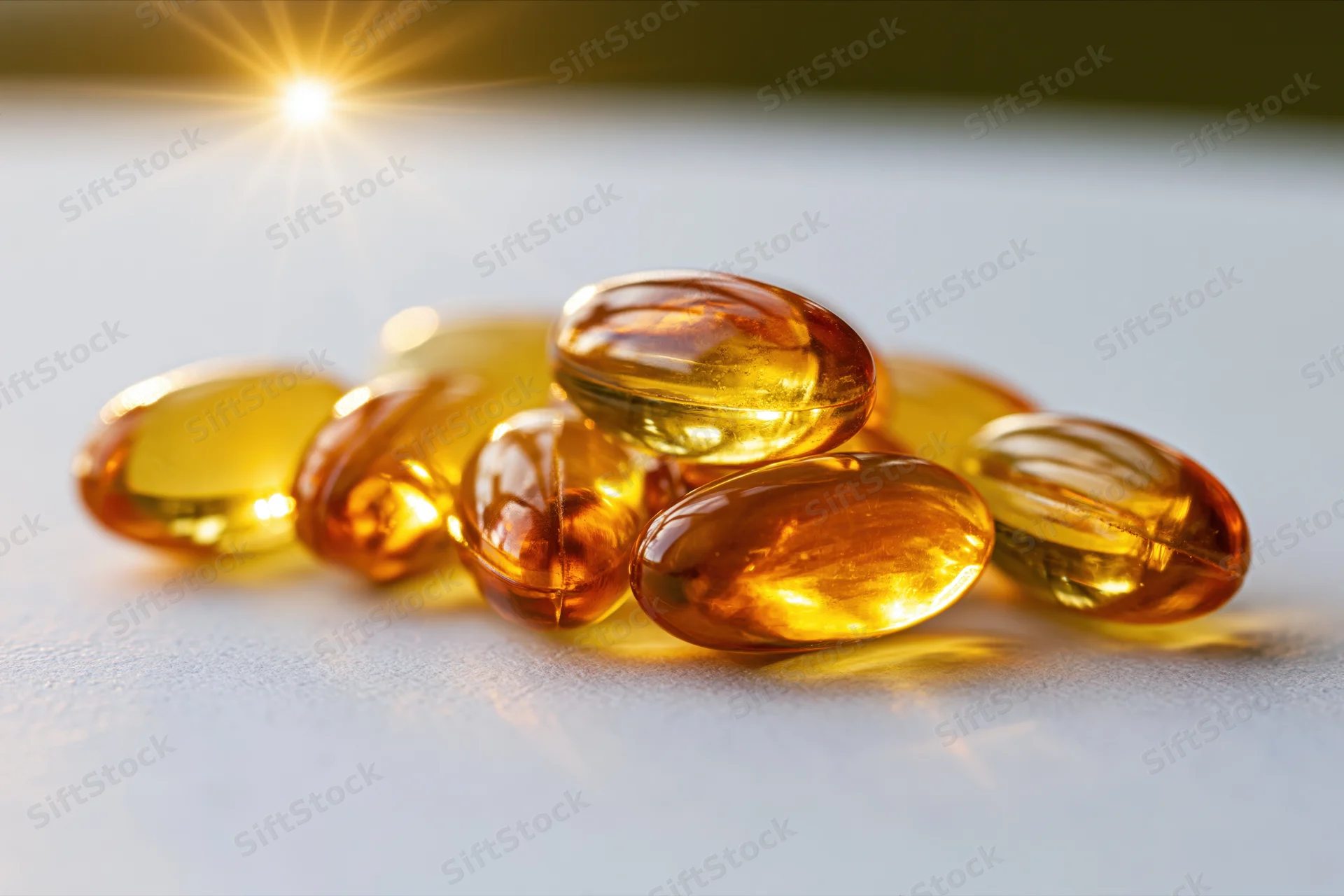 Amber translucent fish oil gel capsules piled on a smooth white surface under bright light