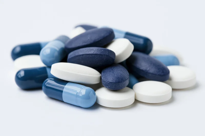 Assorted blue and white pharmaceutical pills and capsules piled on a white surface