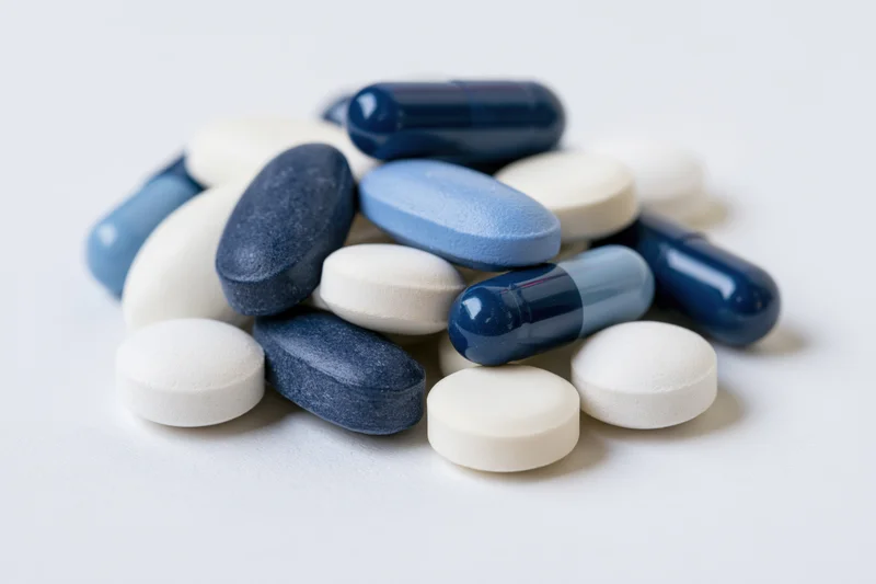 Assorted pharmaceutical pills and capsules piled on a white surface