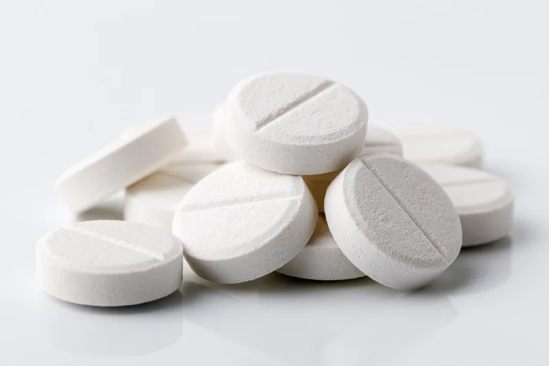 Round white scored tablets scattered loosely on a reflective white surface