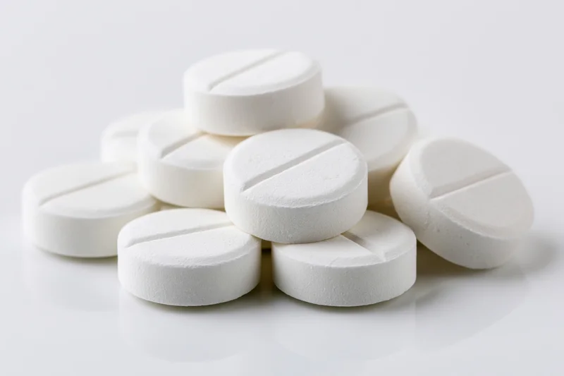 A small pile of round white scored tablets scattered loosely on a white surface