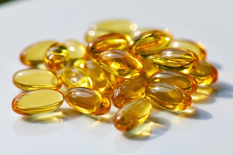 Translucent amber fish oil gel capsules piled on a white surface