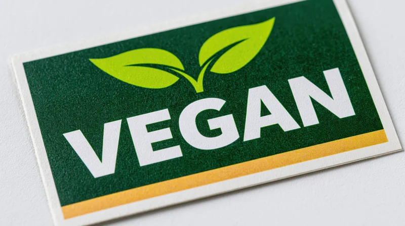 Vegan certification sticker with green leaf design on white background