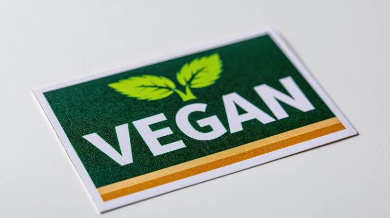 Vegan certification sticker with green leaf logo and white text on white background