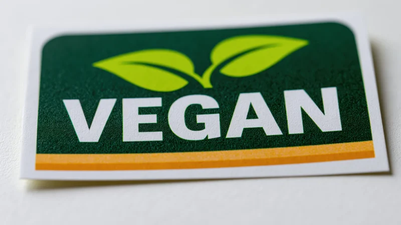 Vegan certification sticker with green leaves and white text on a white background