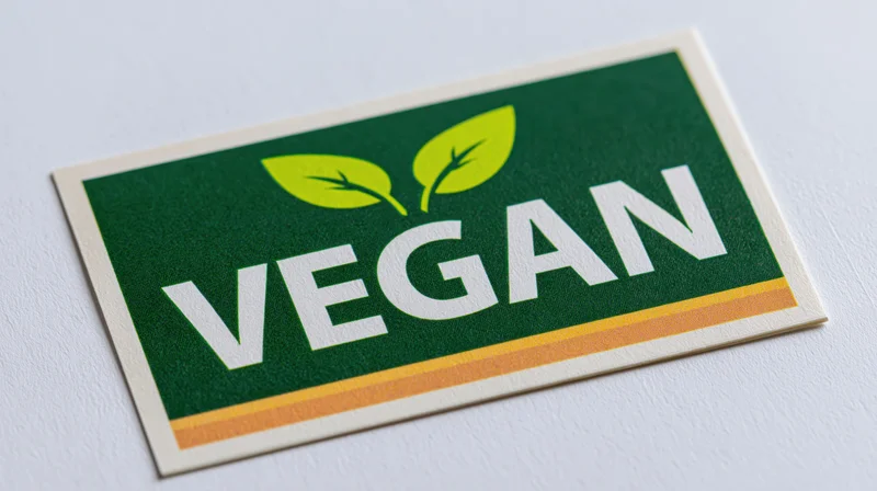 Vegan certification sticker with green background and leaf symbol on white surface