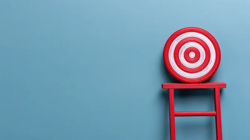 Red target resting on a small wooden ladder against a blue wall