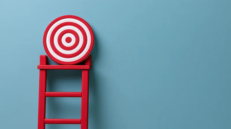 Red ladder with target on top against blue wall