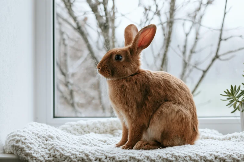 Small brown rabbit sitting upright on white knitted blanket by window with snowy trees outside