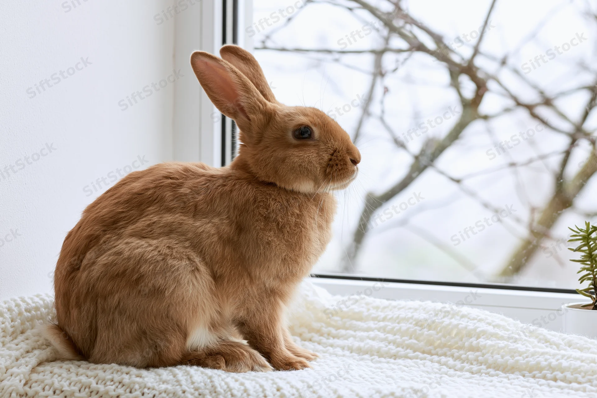 Small brown rabbit sitting upright on white knitted blanket by window looking outside