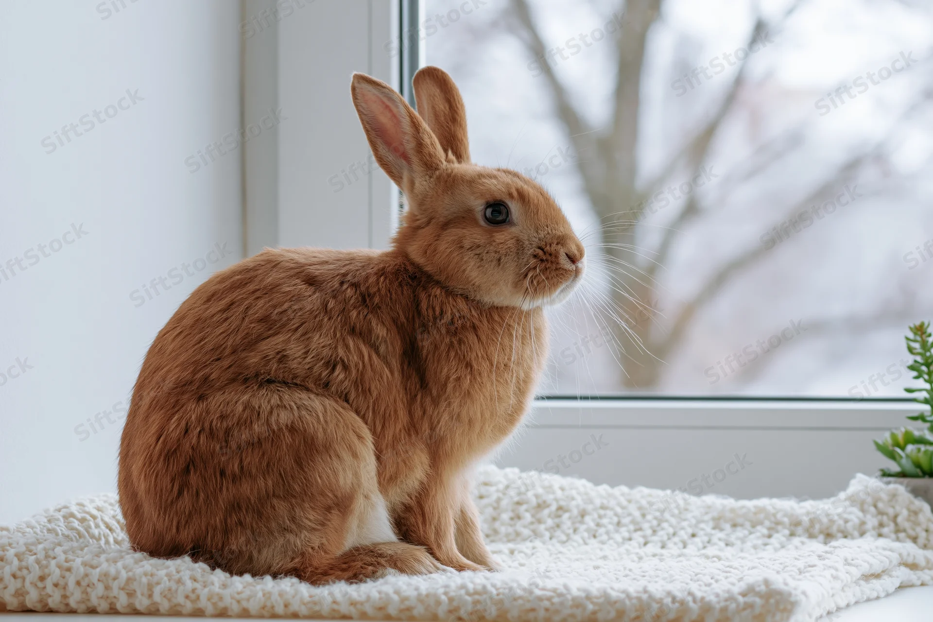 Rufous-brown rabbit sitting upright on a white knitted blanket by a window indoors