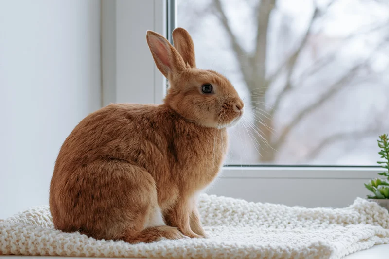 Rufous-brown rabbit sitting upright on a white knitted blanket by a window indoors