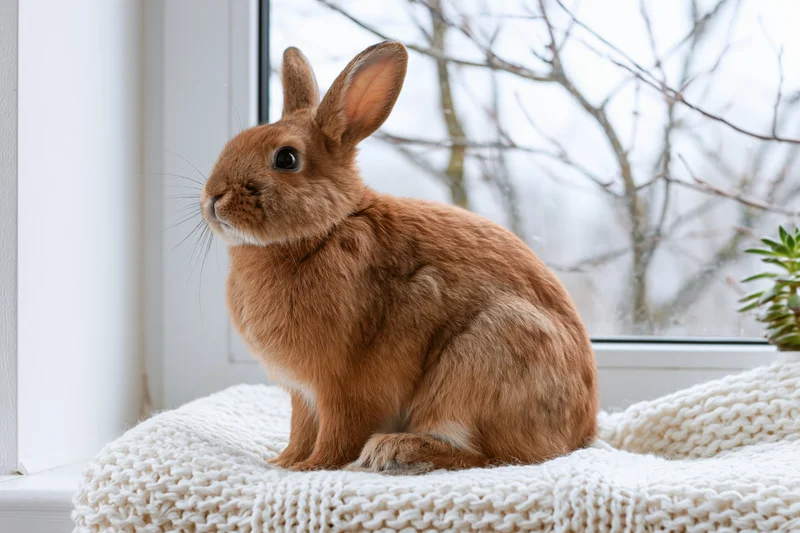 Small rufous-brown rabbit sitting upright on a white knitted cushion by a window