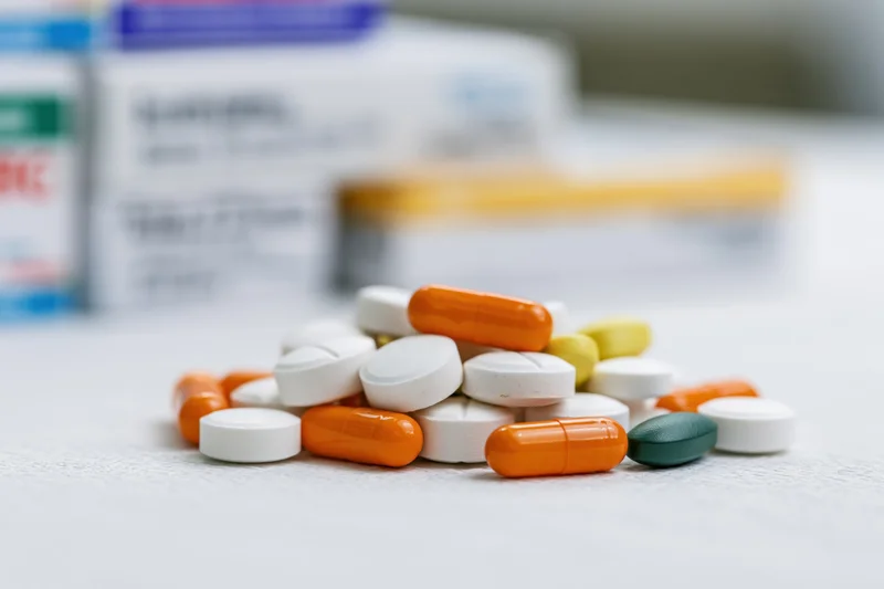 Scattered pile of assorted pills and capsules on a white surface with medication packaging blurred in background