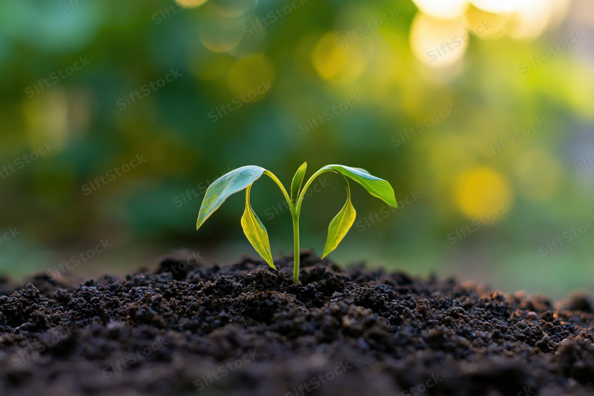 Small seedling emerging from dark soil with blurred green foliage in background