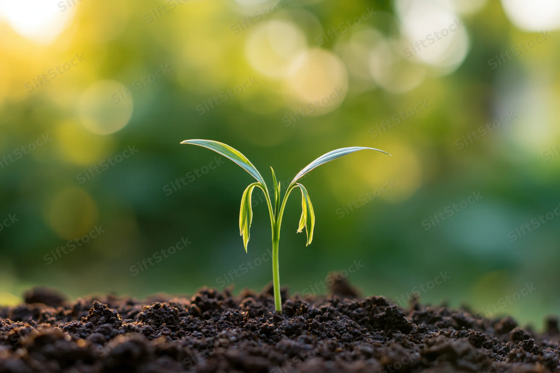 Small seedling emerging from dark soil with blurred green foliage in background