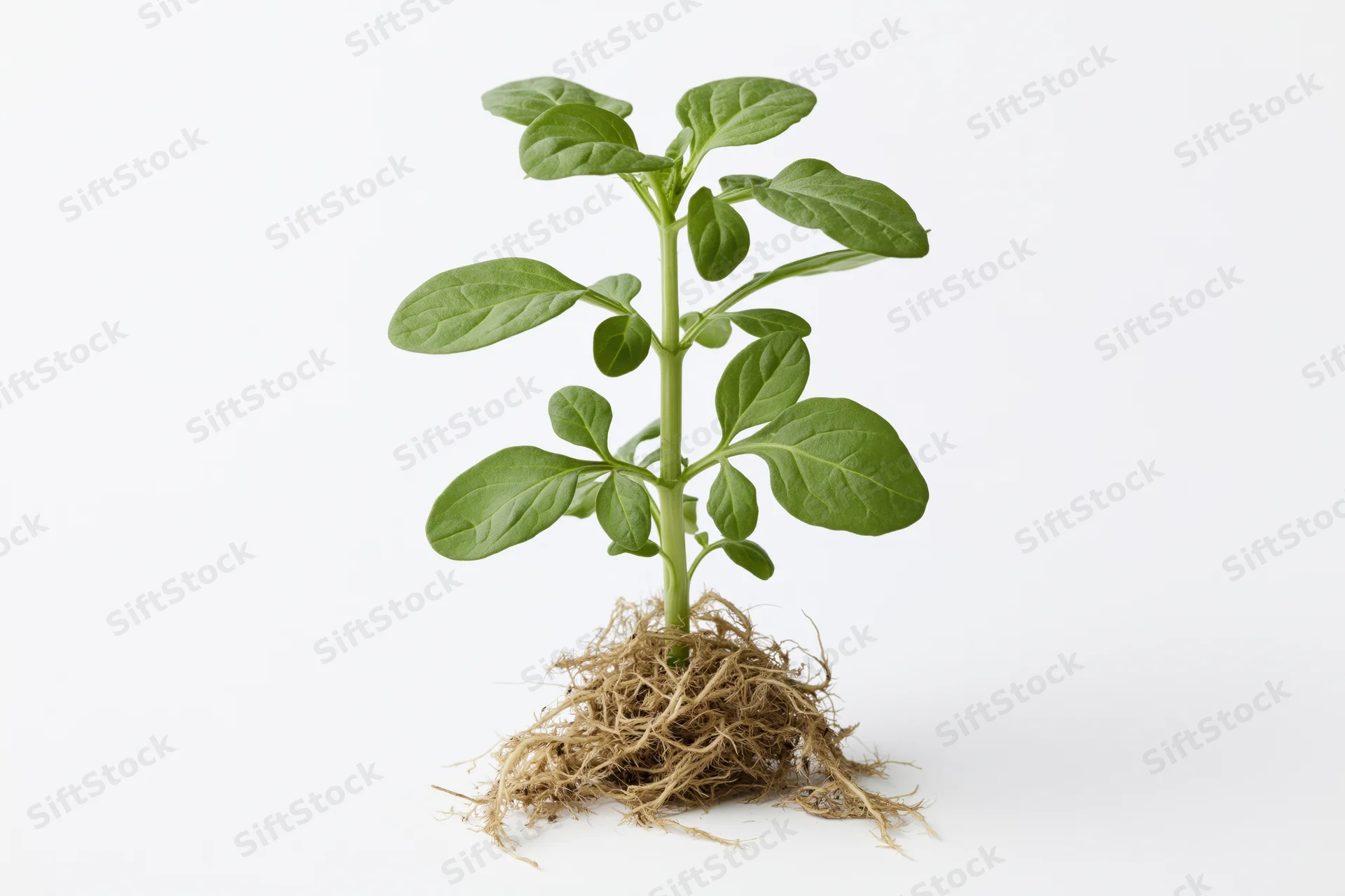 Small green seedling with exposed fibrous roots standing upright on white background