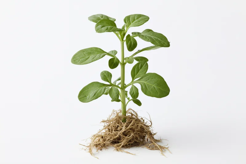 Small green seedling with exposed fibrous roots standing upright on white background