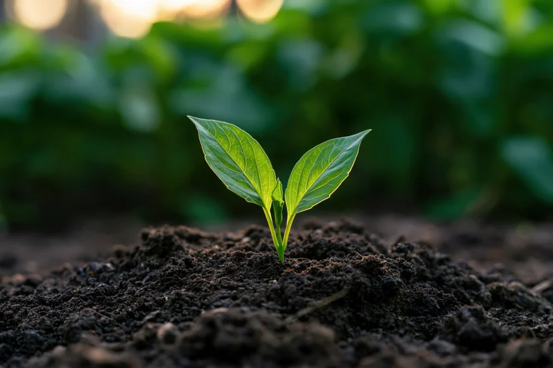 Small seedling with two bright green leaves sprouting from dark soil in a garden setting