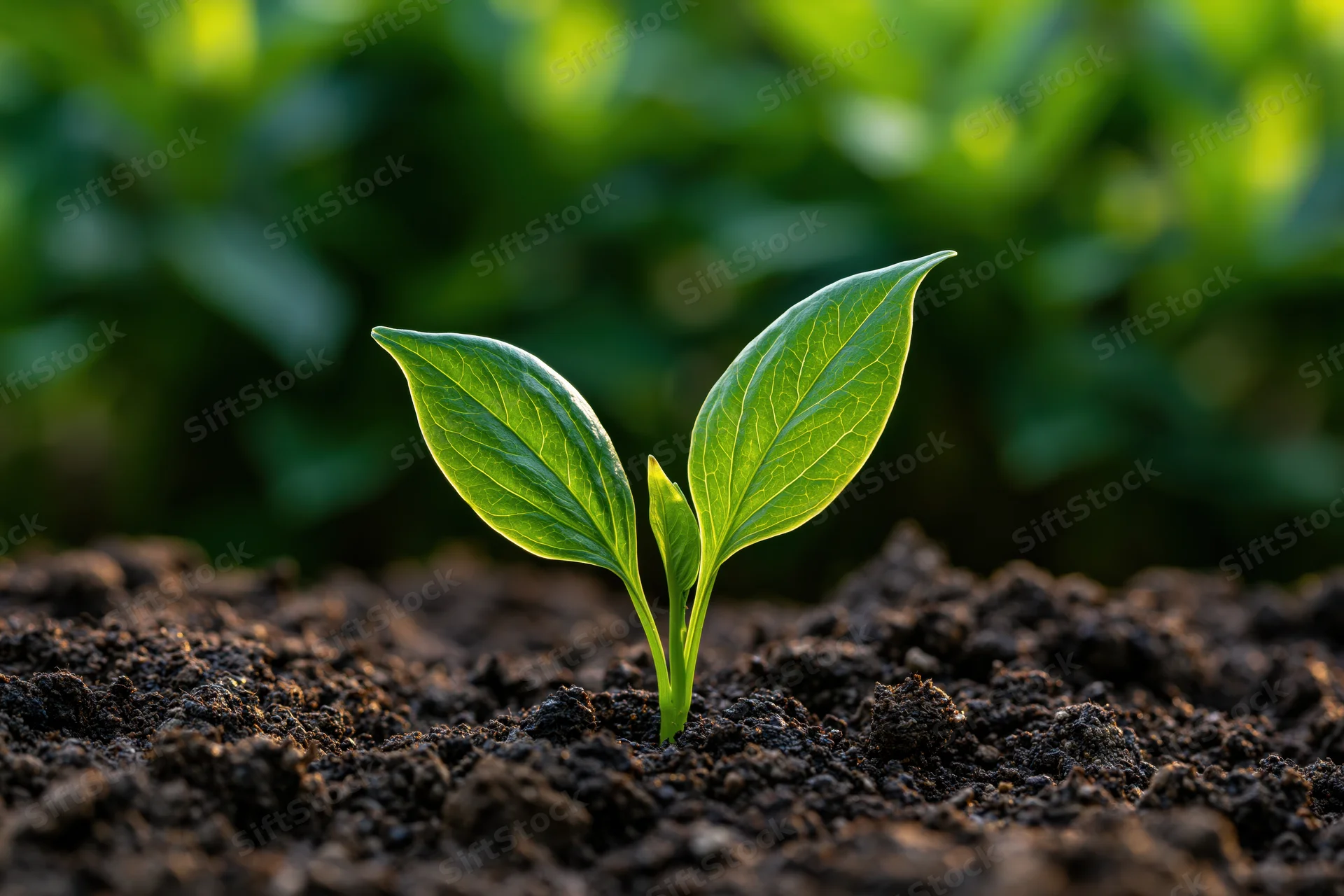 Small seedling with two bright green leaves sprouting from dark soil in a garden setting