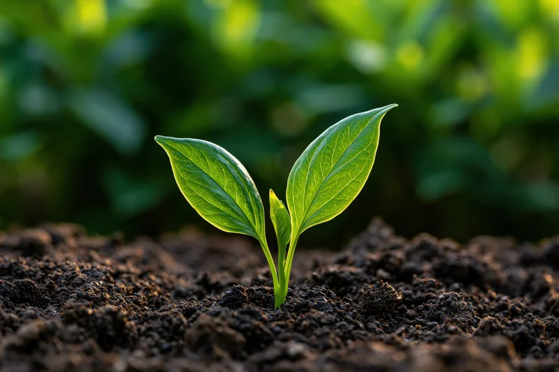 Small seedling with two bright green leaves sprouting from dark soil in a garden setting