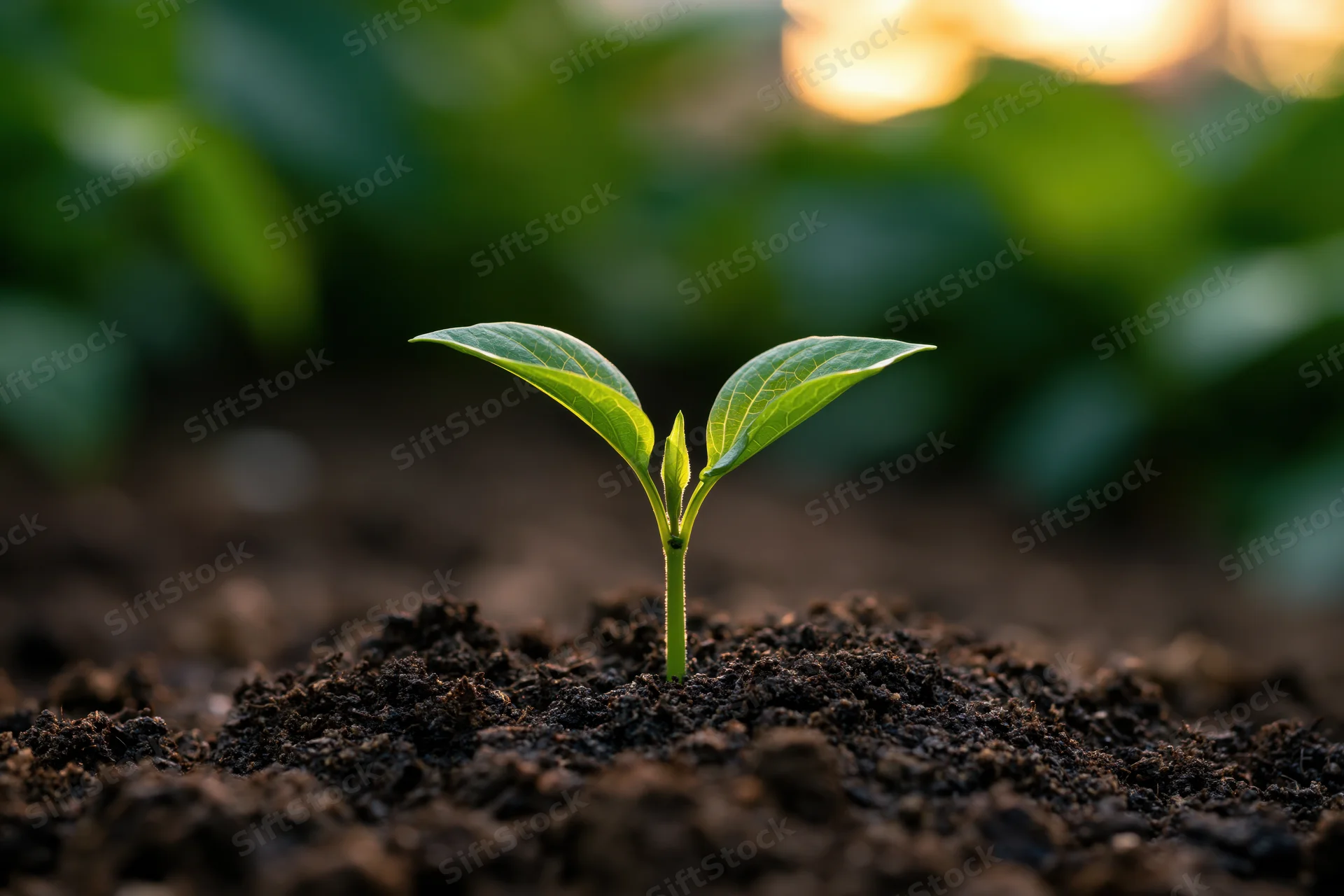Small seedling with two green leaves sprouting from dark soil in a garden setting
