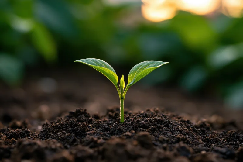 Small seedling with two green leaves sprouting from dark soil in a garden setting