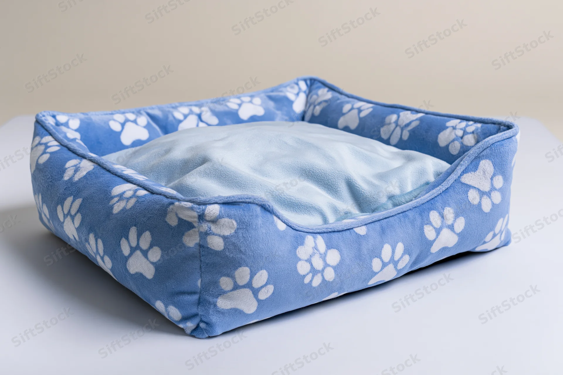 Square blue pet bed with white paw prints on a white surface
