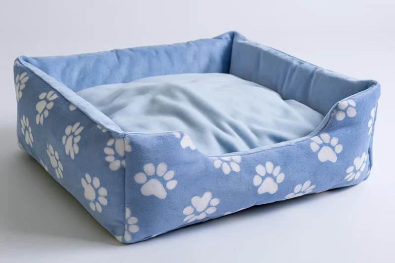 Blue square pet bed with white paw prints on a white surface