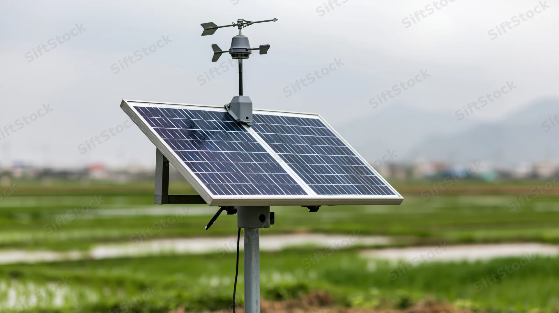 Solar-powered weather station on metal pole in green agricultural field