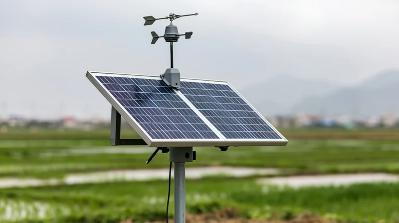 Solar-powered weather station on metal pole in green agricultural field