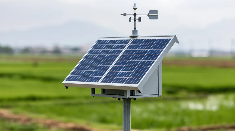 Solar-powered weather station on a metal pole in a green field