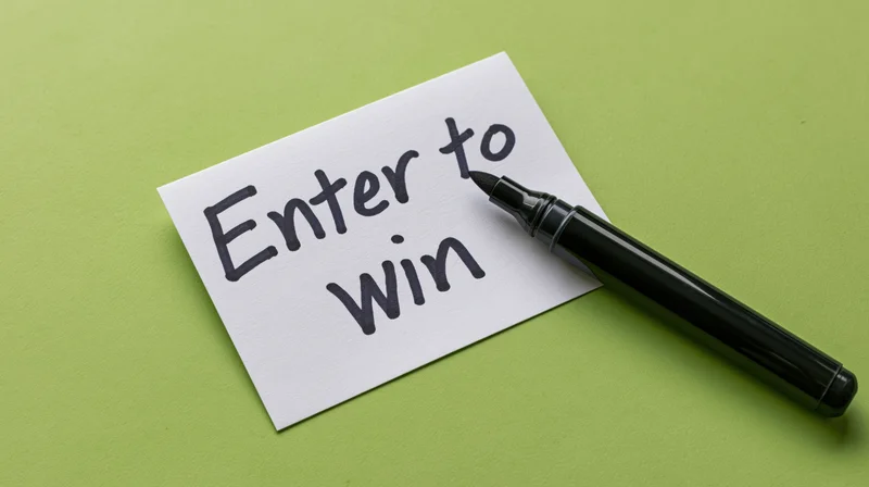 Handwritten note reading enter to win with black marker on green surface