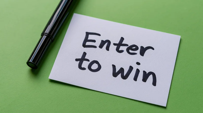 Handwritten note reading enter to win on green surface with pen beside it