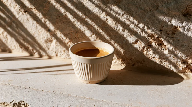Small white ridged ceramic cup filled with espresso on a stone surface with striped sunlight shadows