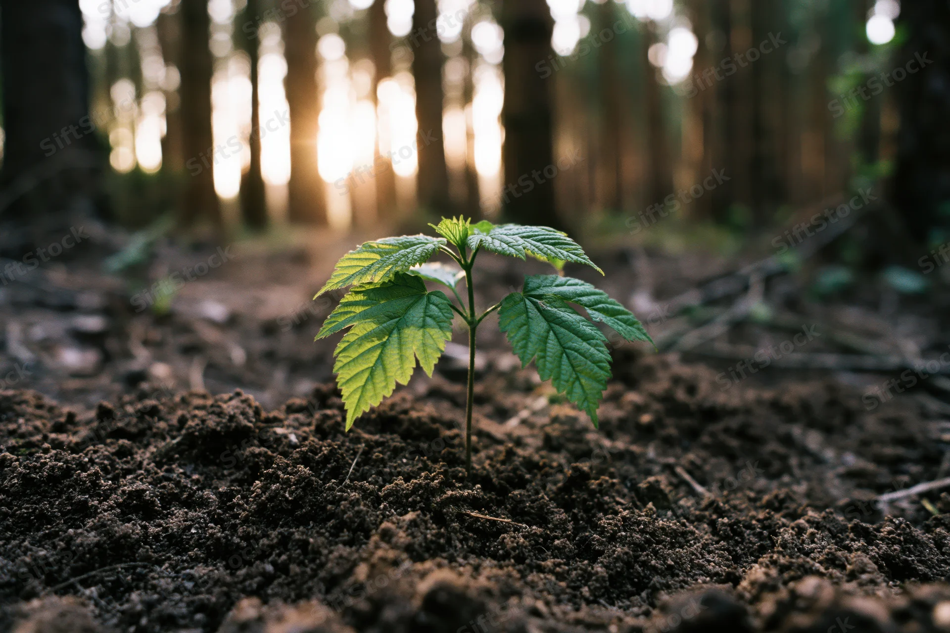 Young seedling growing in forest soil with sunlight filtering through trees