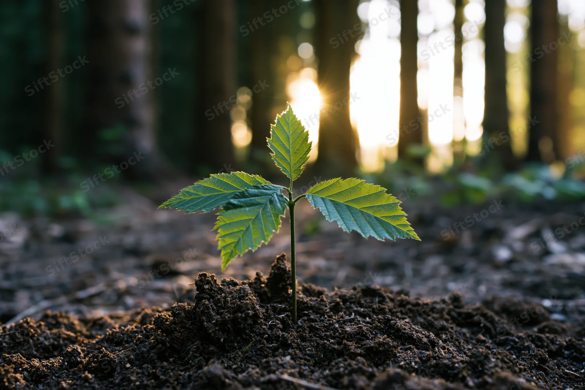 Young tree seedling emerging from soil in forest with sunlight filtering through trees