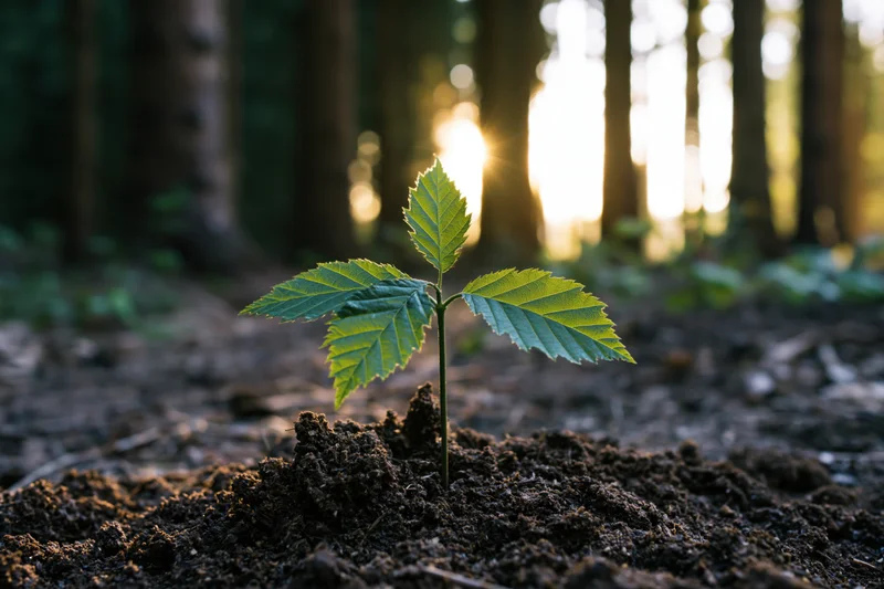 Young tree seedling emerging from soil in forest with sunlight filtering through trees