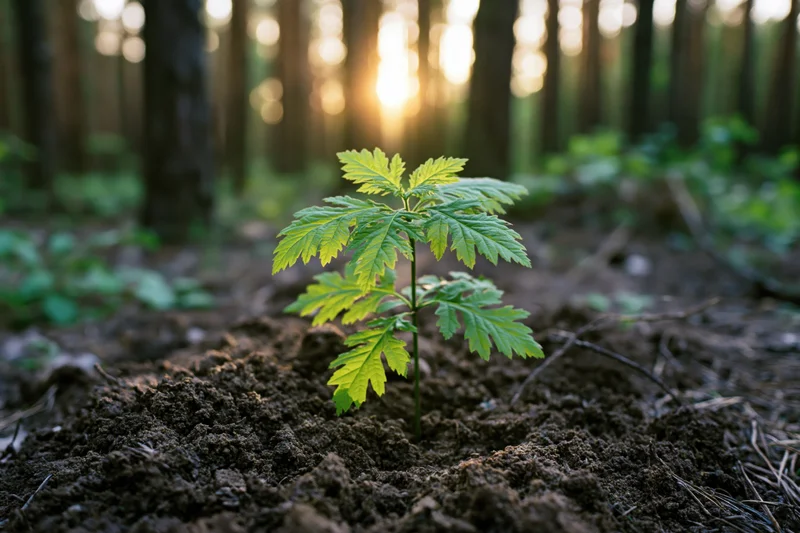 Young seedling growing in forest soil with sunlight filtering through trees