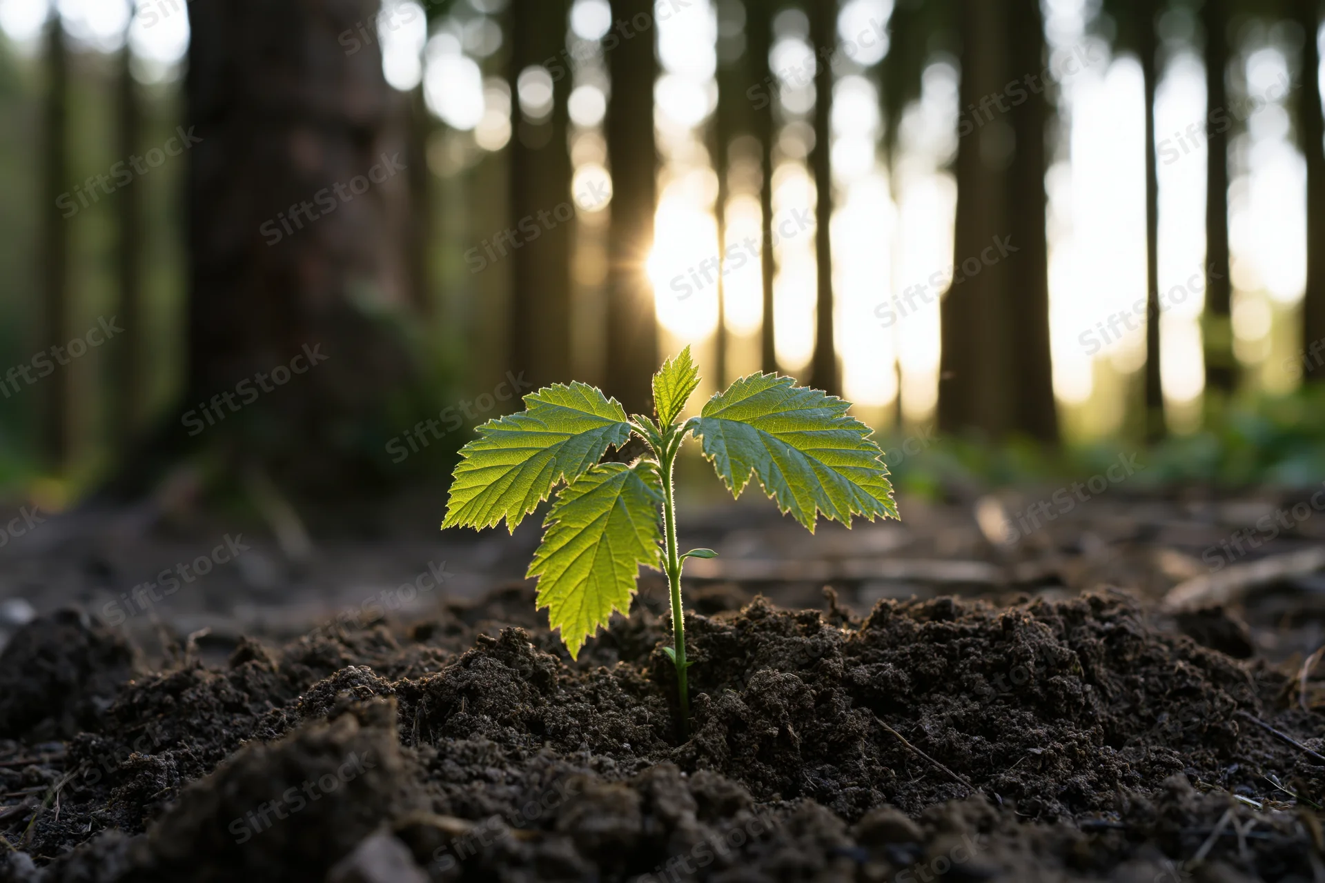 Young seedling emerging from soil in a forest with sunlight filtering through trees