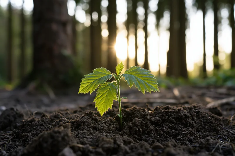 Young seedling emerging from soil in a forest with sunlight filtering through trees