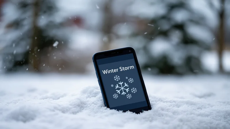 Smartphone propped in snow displaying winter storm weather alert with snowflakes on screen