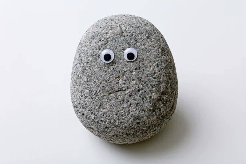 Smooth grey river rock with googly eyes on white surface