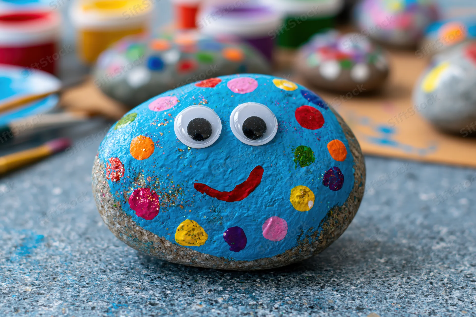 Painted blue rock with googly eyes and colorful polka dots on a workbench