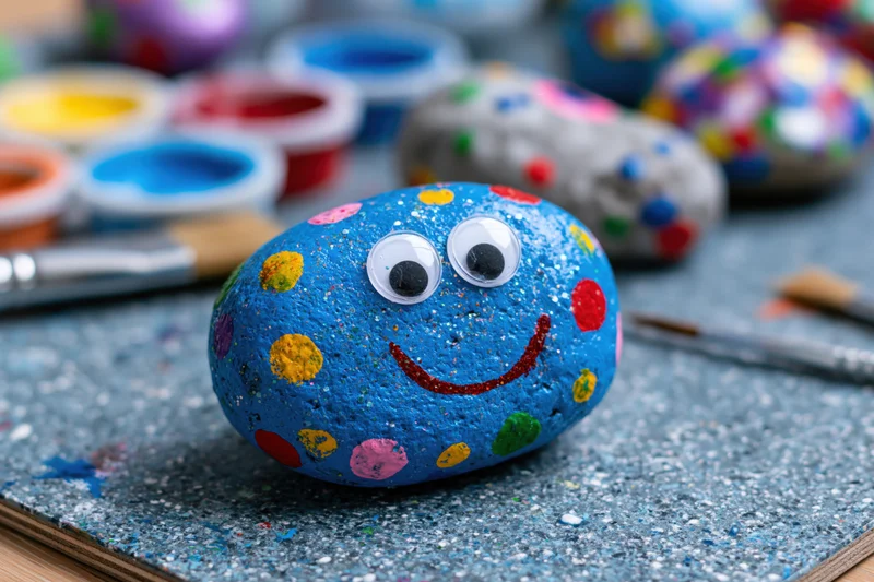 Painted blue rock with smiley face and polka dots on a craft table