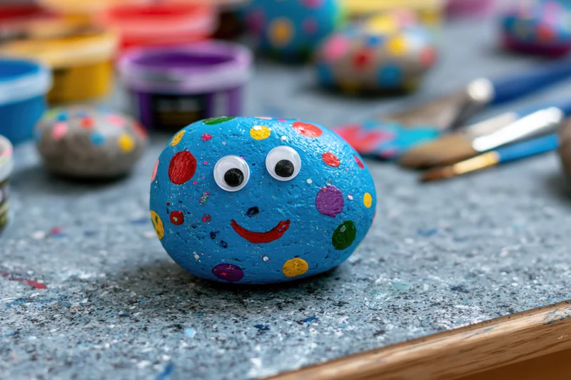 Painted blue rock with cartoon face and polka dots on a worktable surrounded by craft supplies