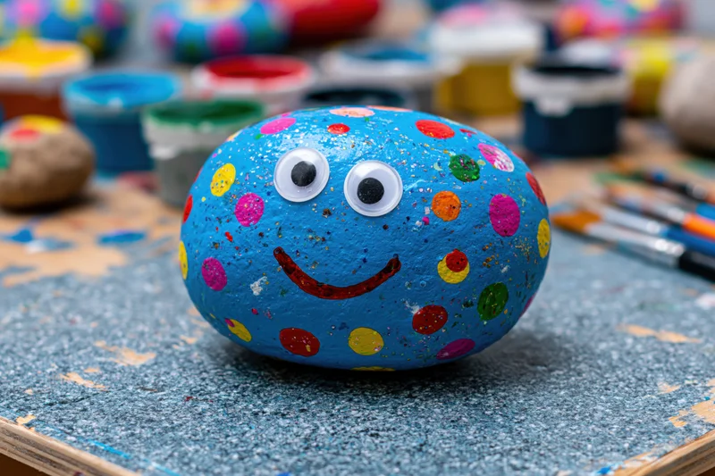 Painted blue rock with smiley face and polka dots on a craft table